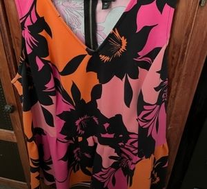 Worthington Woman Pink and Orange floral scuba babydoll top peplum bottom.